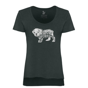 Charcoal grey short sleeve, women's t shirt, with Beabull puppy personality screen print.